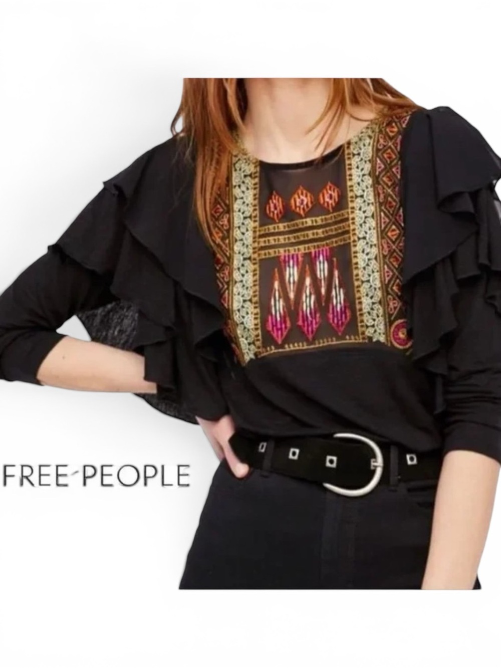 Free People Black Cienega Embroidered Ruffle Tiered Blouse
